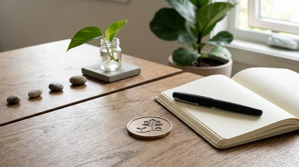 An open, off-white notebook with a black fountain pen resting on its left page sits on a light wooden desk. Foregrounded next to the notebook is a circular metallic