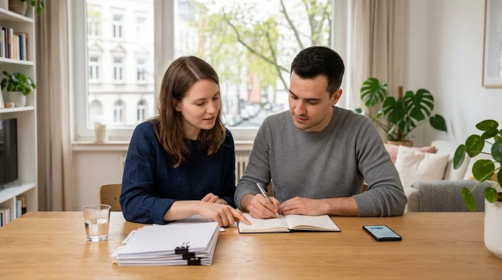Couple sitting at a table together while writing in a notebook and reviewing document stacks.