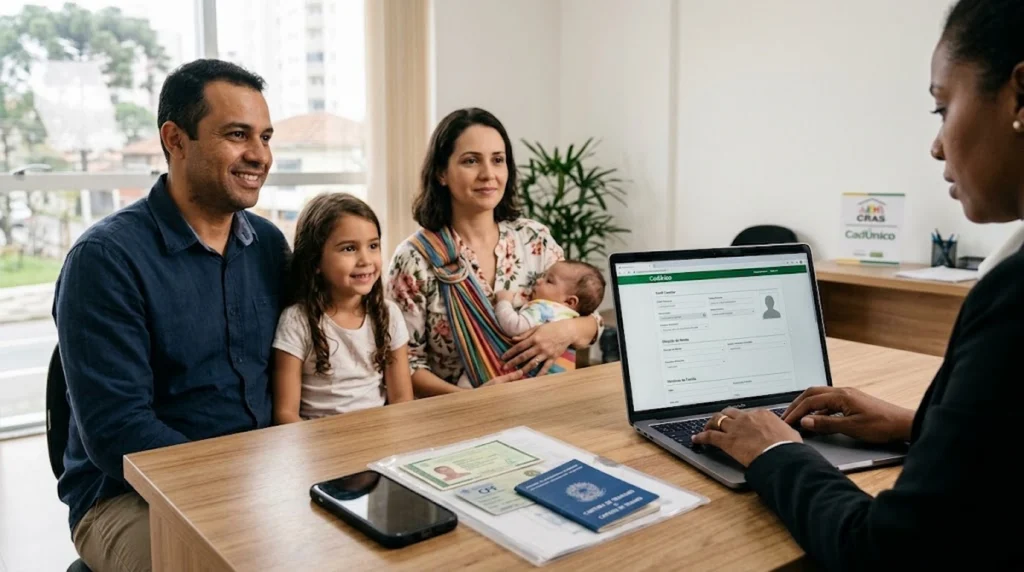 Family sitting across from a worker typing on a laptop with documents on the desk.