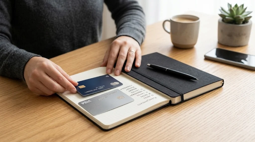 Visão em ângulo superior de uma pessoa sentada a uma mesa de madeira clara, organizando um cartão de crédito preto fosco sobre as páginas abertas de um caderno fino com capa escura. Ao lado do caderno, há uma caneta elegante, uma xícara de café e um pequeno vaso com suculenta, criando uma atmosfera limpa, equilibrada e minimalista de planejamento financeiro.