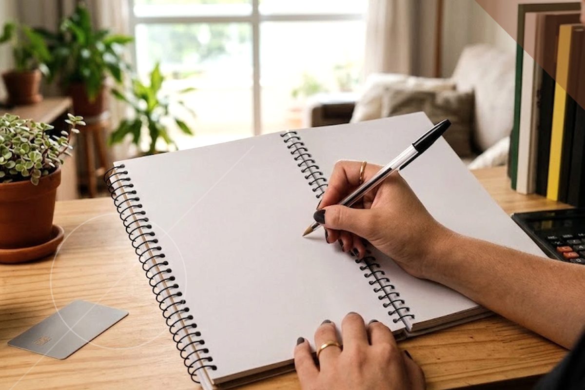 Mão fazendo anotações ao lado de notas de cinquenta reais e gráfico de crescimento financeiro, simbolizando como alinhar investimentos com metas de rentabilidade e disciplina financeira.