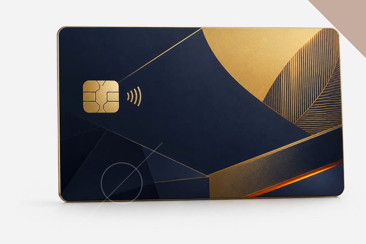 Cartão de crédito dourado em destaque sobre mesa de madeira, simbolizando cartões de crédito com programas de milhas usados no dia a dia.