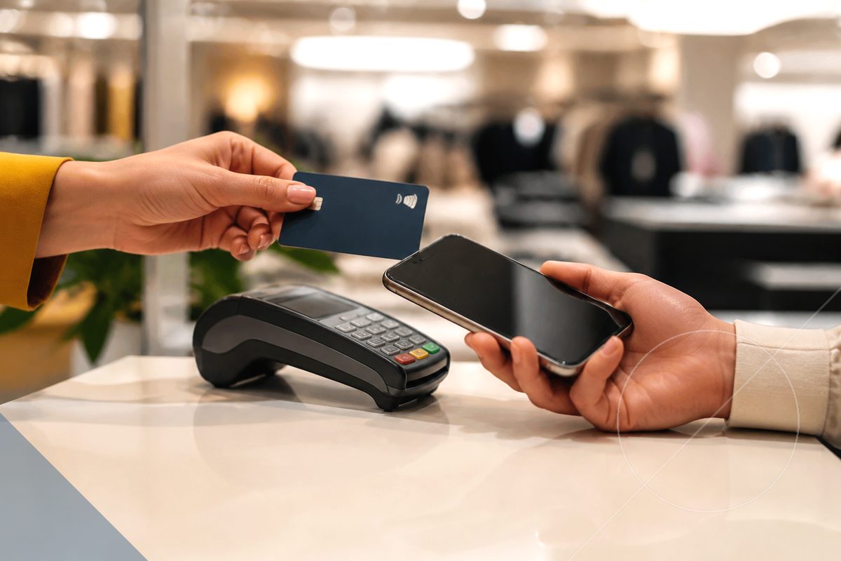 Ilustração abstrata de um homem interagindo com elementos de compras online, segurando um cartão vermelho, sacolas e ícones de segurança, simbolizando transações financeiras com Credit Cards.