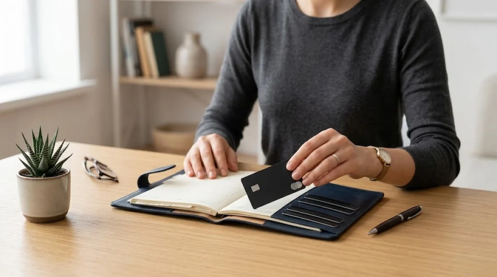 A close-up shot of a person seated at a wooden desk wearing a dark gray long-sleeved shirt. They are pulling a black credit card out of a slot inside an open book